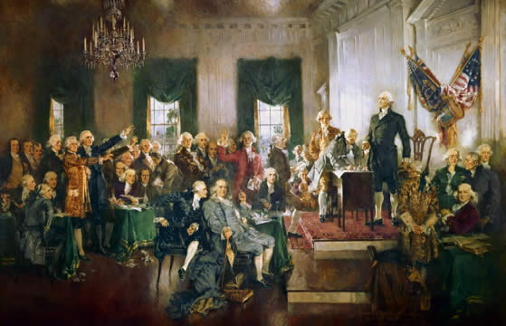 Painting of a large group of men surrounding a few others on a podium