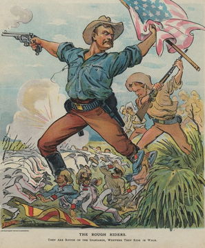Poster showing Teddy Roosevelt holding a pistol and a US flag, leading other men with guns while trampling on Spaniards