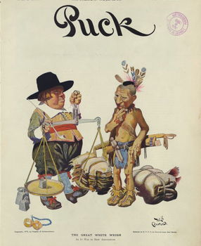 A illustration showing a Dutchman cheating a Native American while weighing produce