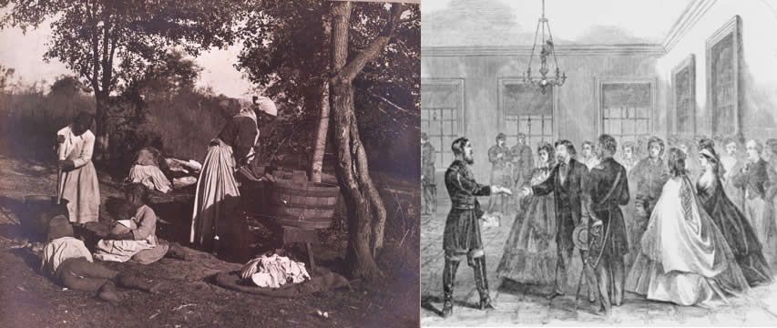 Left photo shows women washing clothes; right photo shows rich people at a social event