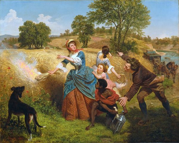 An oil painting depicts a chaotic scene on a farm where a field of wheat is catching fire. A woman in a blue dress and hat is surrounded by a man, a young black man, and a child as she tries to set the field ablaze.