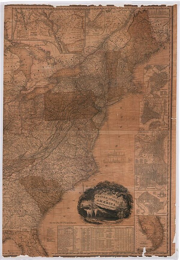 A detailed, sepia-toned map of the eastern United States and parts of Canada from 1826. The map features an elaborate title cartouche with a scene of deer in a wooded landscape at the bottom center, and smaller inset maps of various cities and regions around the border.
