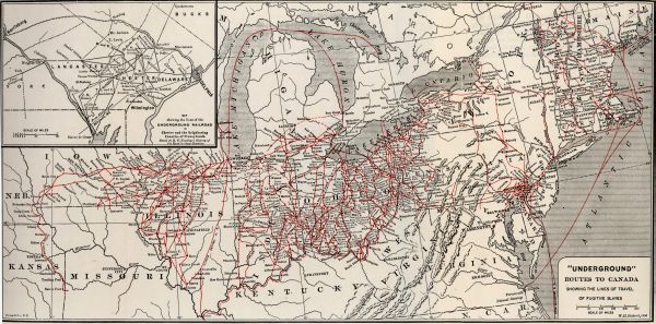 A detailed historical map titled "Underground Routes to Canada," showing the dense network of lines of travel used by freedom seekers on the Underground Railroad across the eastern and midwestern United States. The map highlights specific routes with red lines, concentrating heavily in states bordering the Ohio River, and includes an inset map of southeastern Pennsylvania, Delaware, and Maryland.