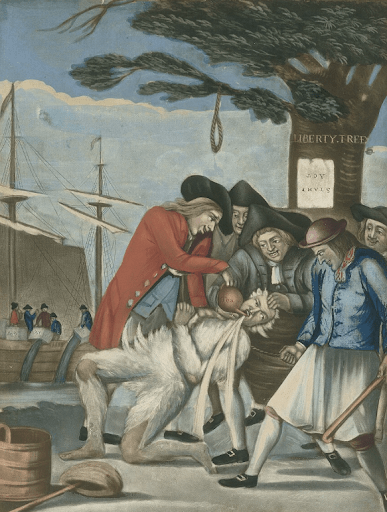 A political illustration depicts a group of colonists at a harbor forcing a liquid from a bowl into the mouth of a figure kneeling on the ground. In the background, a "Liberty Tree" is visible with a noose hanging from it and a sign that says "STAMP ACT."