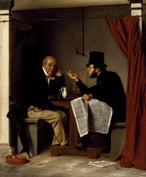 A painted portrait shows two men sitting at a small table, likely in a tavern or cafe. The man on the left looks directly at the viewer with a slight smirk, while the man on the right, wearing a top hat and holding a newspaper, leans in to speak with an animated gesture.