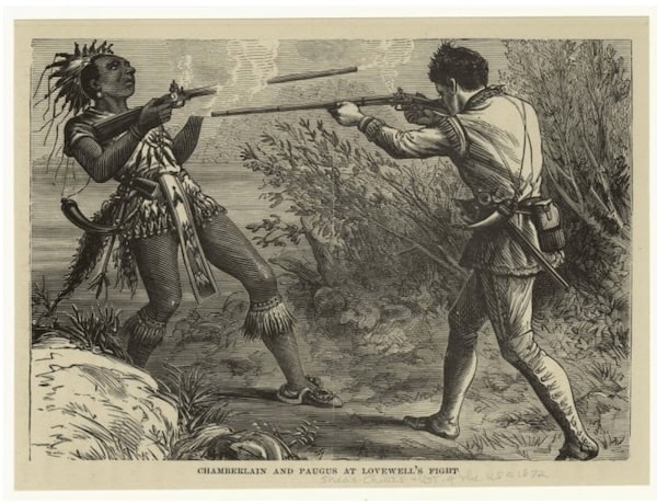 This illustration, titled "Chamberlain and Paugus at Lovewell's Fight," depicts a dramatic one-on-one confrontation between an Indigenous warrior and a European frontiersman. Both figures are firing their muskets at close range, with smoke billowing from their weapons, amidst a natural setting.