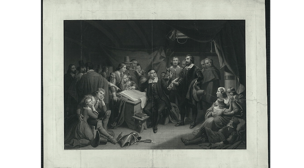 A group of solemn Pilgrims is gathered inside what appears to be a ship's cabin or a simple dwelling. Several figures are seated or standing around a table with an open book, while others, including women and children, appear weary and rest in the foreground and background.