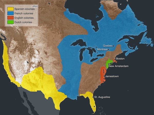 The image shows a map of North American colonial territories: Spanish (yellow), French (blue), English (orange), and Dutch (green), with key early settlements marked. It illustrates the division of the continent among these European powers.