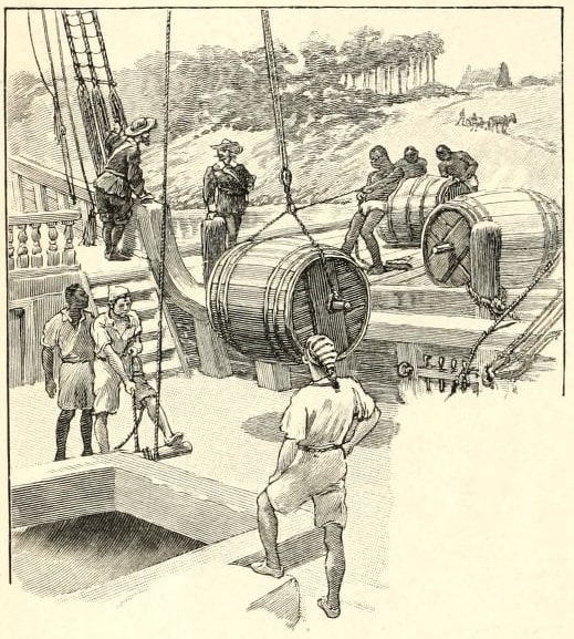 An 18th-century woodcut shows enslaved people loading large barrels onto a ship. On deck, several figures, some appearing European, supervise the hoisting and rolling of the barrels by the laborers.