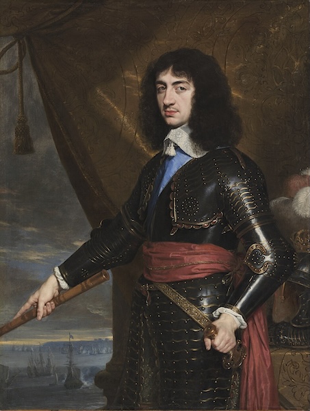 A 17th-century portrait depicts King Charles II in black armor with a red sash and his signature long, dark, curly hair, holding a commander's baton in his right hand and the hilt of his sword in his left. In the background, a dramatic naval scene with sailing ships suggests his connection to England's maritime power.