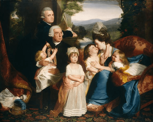 A group portrait depicts seven figures, likely a family, gathered together indoors with a landscape visible through an opening on the right. An older man and a younger man stand on the left, while a woman seated on a red sofa on the right holds two young children, and another young child stands in the foreground.
