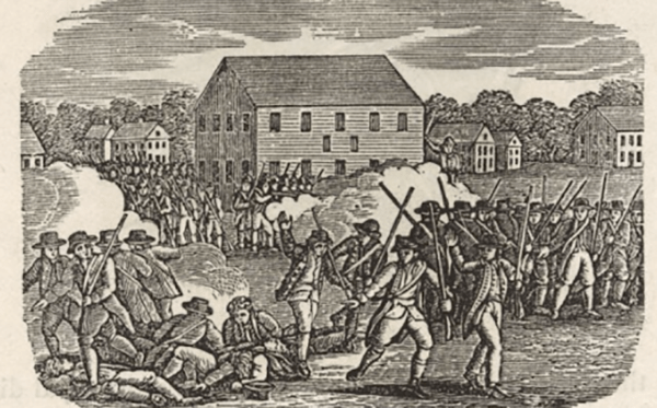 A black and white illustration depicts a line of British soldiers firing their muskets at a group of colonial militiamen in a grassy field. The scene shows the beginning of the Revolutionary War at Concord, with fallen figures on the ground and a large building in the background.