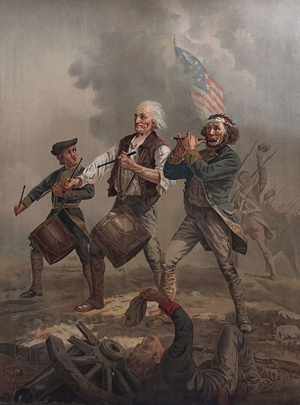 An oil painting shows three men walking forward through a hazy battlefield. The men are a young fifer on the left, an old man in the center playing a drum, and another man on the right with a bandage on his head playing a fife.