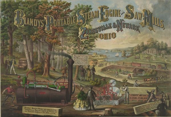A detailed color lithograph, an advertisement for "Blandy's Portable Steam Engine and Saw Mills, Zanesville & Newark, Ohio," shows the machinery operating in a wooded outdoor setting. The foreground features a large, dark portable steam engine connected to a saw mill, surrounded by people in 19th-century dress, with a busy landscape of farmland, houses, and a river in the distance.
