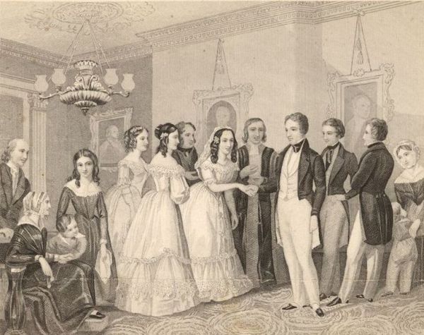 This is an illustration of a formal indoor gathering or wedding ceremony from the 19th century, featuring a large group of people dressed in contemporary upper-class fashion. The central figures appear to be a bride and groom surrounded by guests in an elegantly decorated room with portraits and a chandelier.