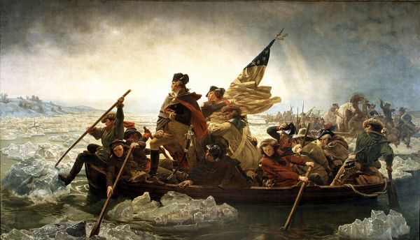An oil painting depicts General George Washington standing in a rowboat, leading a group of soldiers through an ice-choked river. A tattered American flag waves in the background as the men paddle through the frigid water toward the shore.