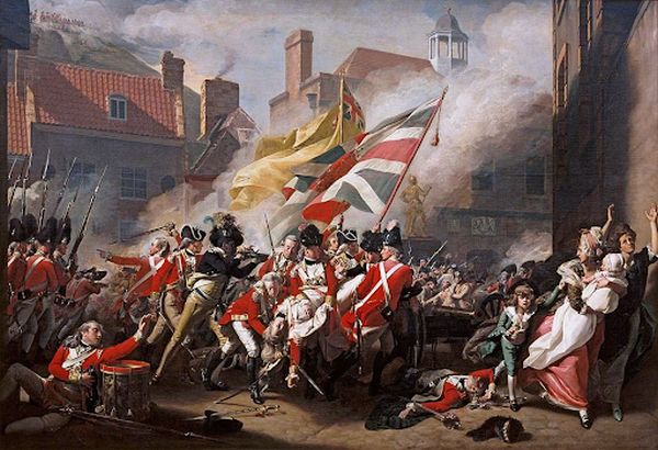 An oil painting shows British soldiers in red coats clashing with American colonists in a crowded city street. The scene is filled with chaos and violence, as soldiers fight and fire muskets, and civilians on the right side of the painting recoil in fear.