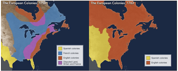 A two-panel map shows the changes in European colonial control of North America between 1750 and 1763. In the 1750 map, French, English, and Spanish colonies are visible, along with a disputed territory, while the 1763 map shows only Spanish and English colonies, with the English territory having expanded significantly.