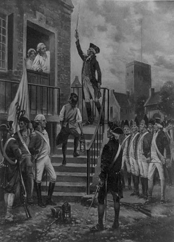 A black-and-white engraving shows a man in a military uniform and a tricorn hat standing on the front steps of a building, holding a sword over his head. Below him, a crowd of soldiers stands at attention, and two people watch from a window as a man with a lantern walks down the stairs.