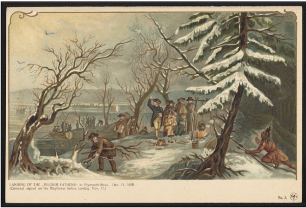 A winter scene depicts the Landing of the Pilgrim Fathers at Plymouth, Massachusetts, on December 11, 1620, as stated in the caption. Pilgrims are seen disembarking boats, chopping wood, and gathering around a fire, while an Indigenous person watches from the snowy woods in the foreground.