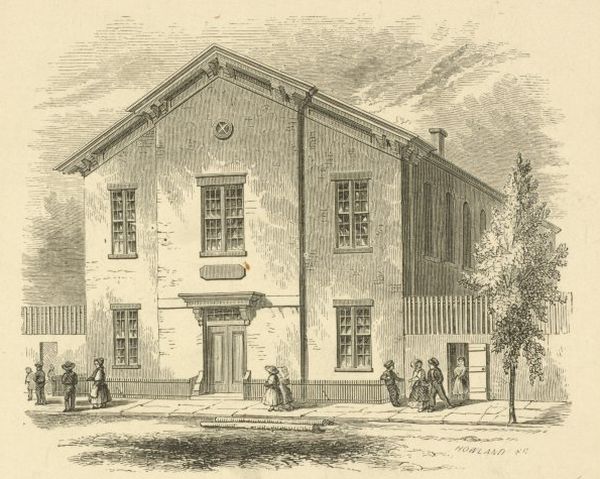 A black and white 19th-century engraving of a simple, two-story public school building, with a gabled roof and several tall windows. Several people, dressed in historical clothing, are depicted walking on the sidewalk in front of the building.