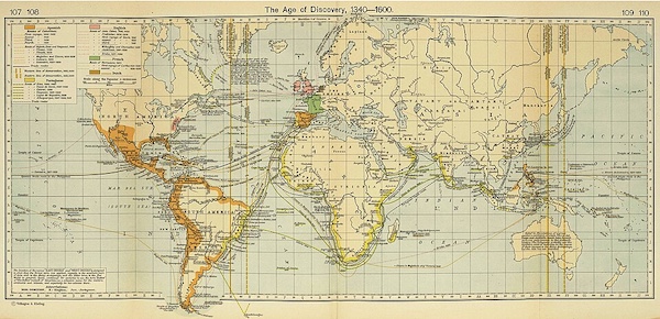 A world map titled "The Age of Discovery, 1340-1600" depicts European colonial empires and trade routes. Color-coded regions show the possessions of Spain (brown), Portugal (orange), England (pink), France (green), and the Holy Roman Empire (light green) across the Americas, Africa, and Asia. Various lines illustrate trade routes for each nation, along with key cities and dates of significant voyages of exploration.