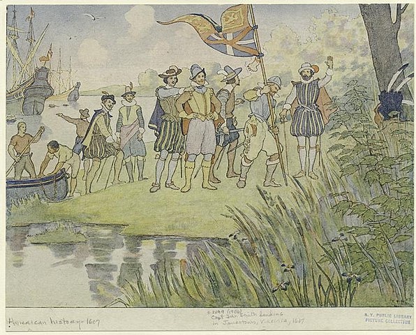 Painting of Captain John Smith and settlers arriving by boat at the Jamestown shoreline, with others waiting and working on land.