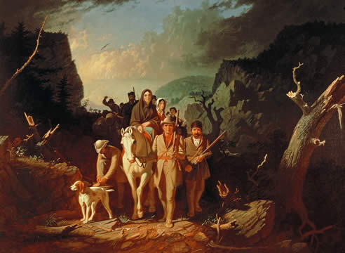Painting of people moving through a mountain pass