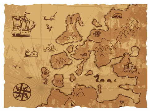 Ancient map showing a coast line, many islands, a compass rose, a ship, and whales in the ocean