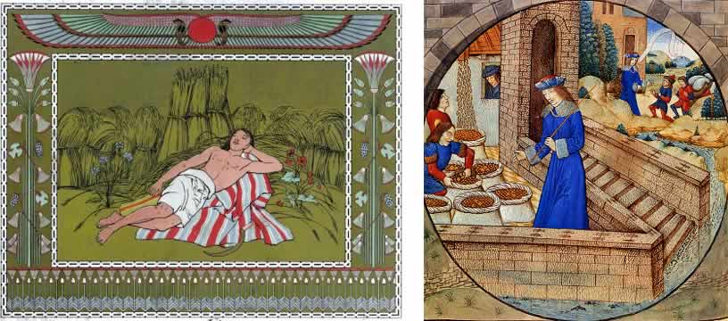 paintings of a man reclining and a man with large stocks of food