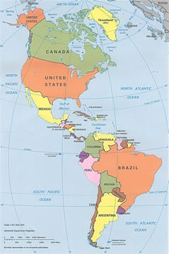 geographic map of North and South America