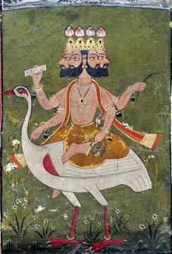 painting of man with multiple heads and arms seated on a goose
