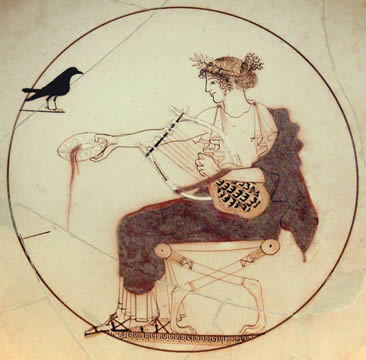 drawing of a man, seated, with a musical instrument and a bird nearby