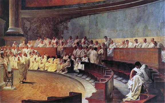painting of men seated in a semicircle around a speaker