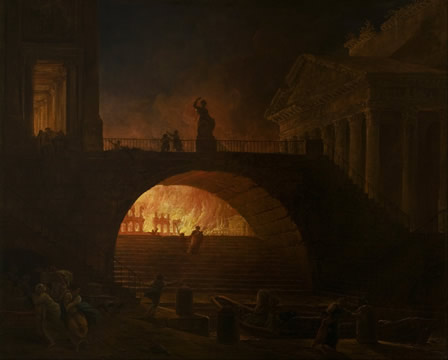 painting of people observing a fire