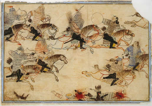 painting of men with weapons on racing horses