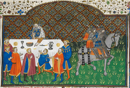 tapestry of a king and several people around a table and a horse on the side