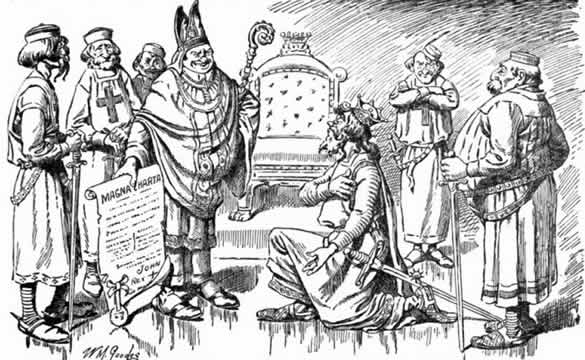 Drawing of men holding the Magna Carter, speaking with the king