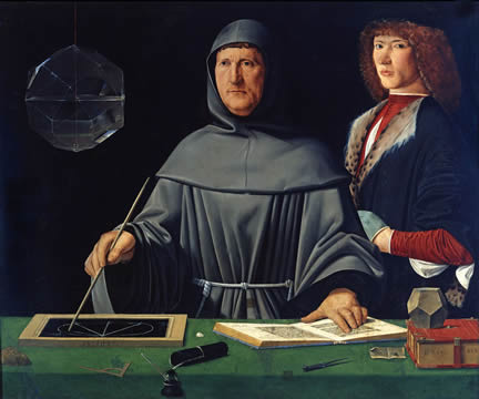 Painting of a friar writing a book and another person