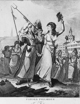 etching of three women walking arm in arm: a peasant woman, an aristocrat, and a woman symbolizing liberty