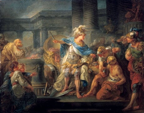 Alexander the Great in battle gear, surrounded by his supporters