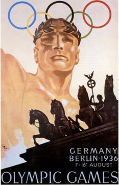 poster for the 1936 Olympics with an Aryan athlete wearing a laurel wreath, under the Olympic Rings