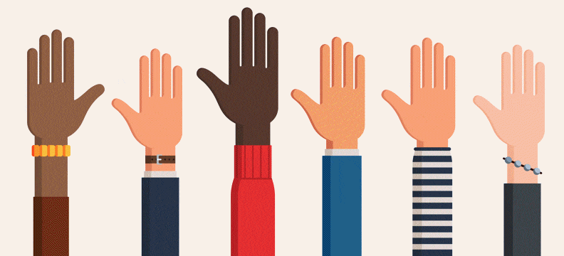 drawing of hands of different colors raised together