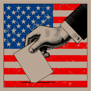 Drawing of a hand inserting a ballot into a box with an American flag in the background