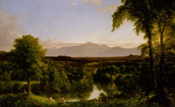 Painting of people relaxing close to a winding river