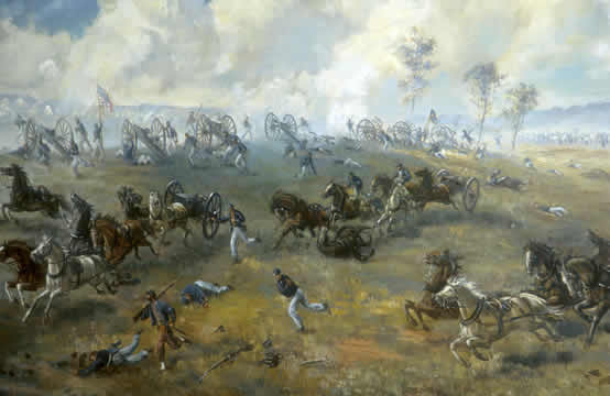 painting of cavalry at a battleground