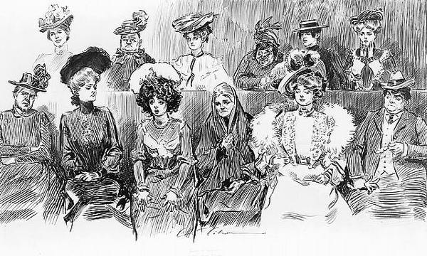 drawing of twelve diverse women sitting in a jury box: some from high society, some look very poor, one clad in Western-style clothing