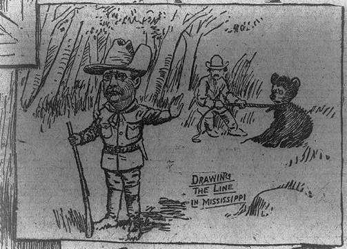 Cartoon of Teddy Roosevelt holding a hunting rifle and holding his other hand up to say Stop, while another person holds a bear on a leash
