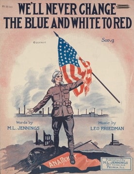 Illustration of a woman in uniform holding up her hand in a stop signal and standing on a red surface labeled “anarchy”; an American flag flies in the background