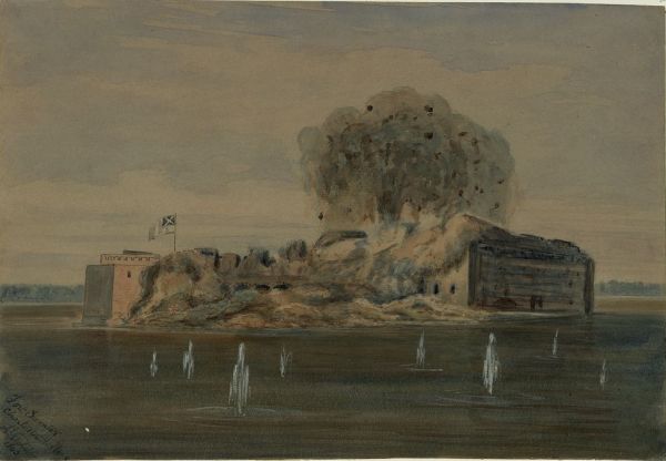 This watercolor painting shows the bombardment of Fort Sumter, with a massive plume of dark smoke and fire rising from the center of the island fort. The surrounding water is dotted with several tall white splashes from cannonballs striking the surface, under a cloudy, grey sky.